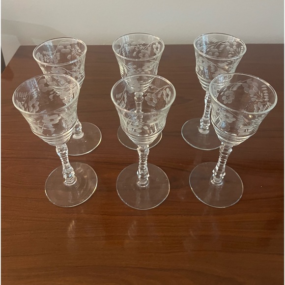 Libbey Dining 6 Hand Blown Rock Sharpe Crystal Wheel Cut Halifax Pattern Elegant Mcm Glasses